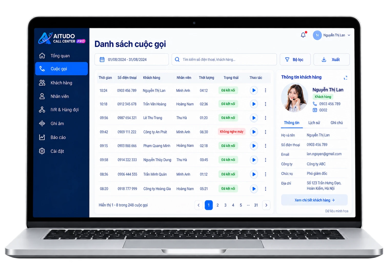Giao diện Call Center Pro trên máy tính