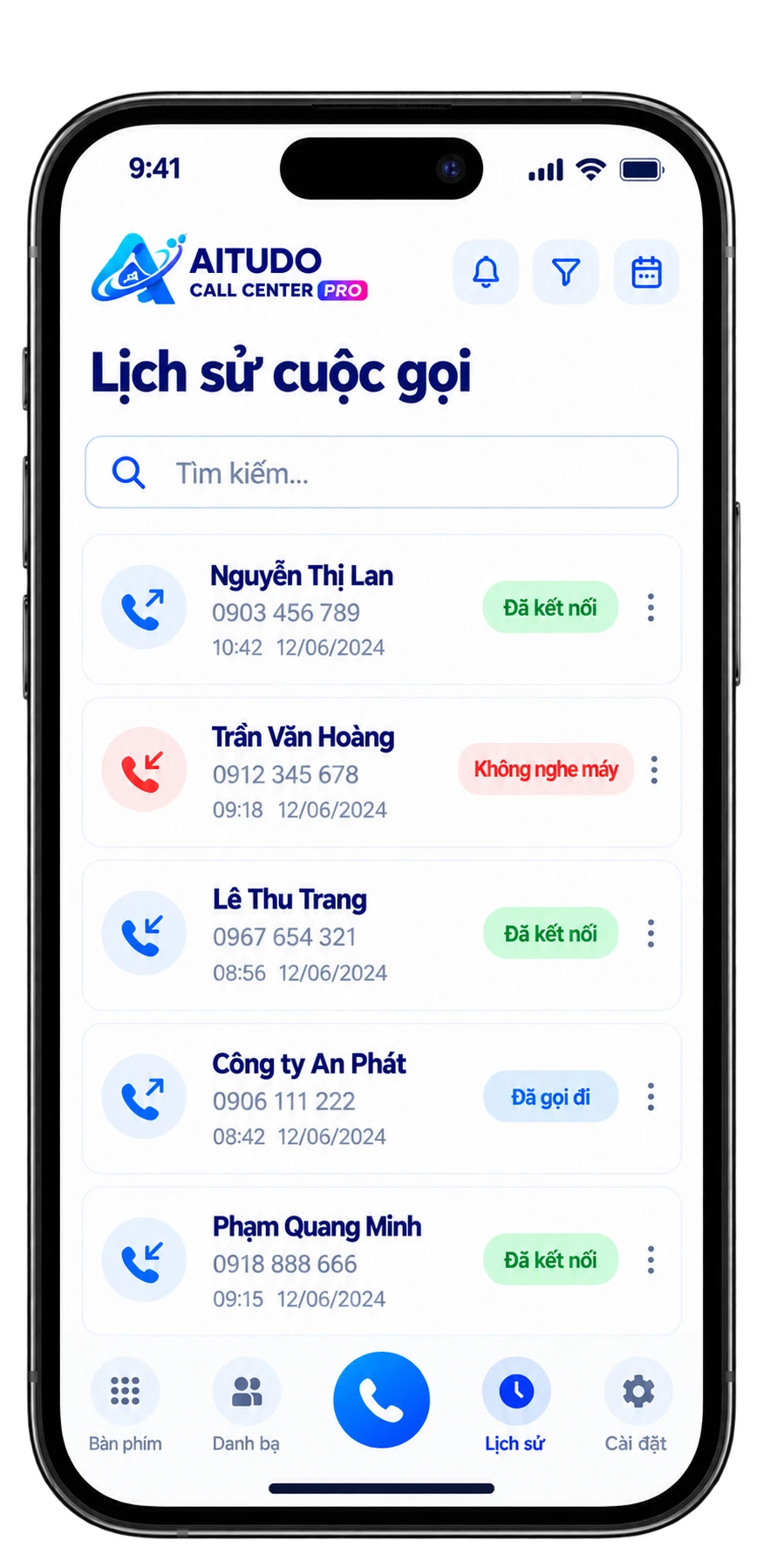 Mobile hiển thị lịch sử và trạng thái cuộc gọi